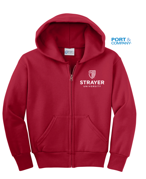 NEW STRAYER Port & Company® Youth Core Fleece Full-Zip Hooded Sweatshirt - RED