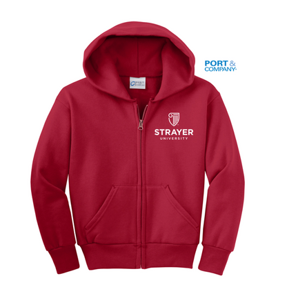 NEW STRAYER Port & Company® Youth Core Fleece Full-Zip Hooded Sweatshirt - RED