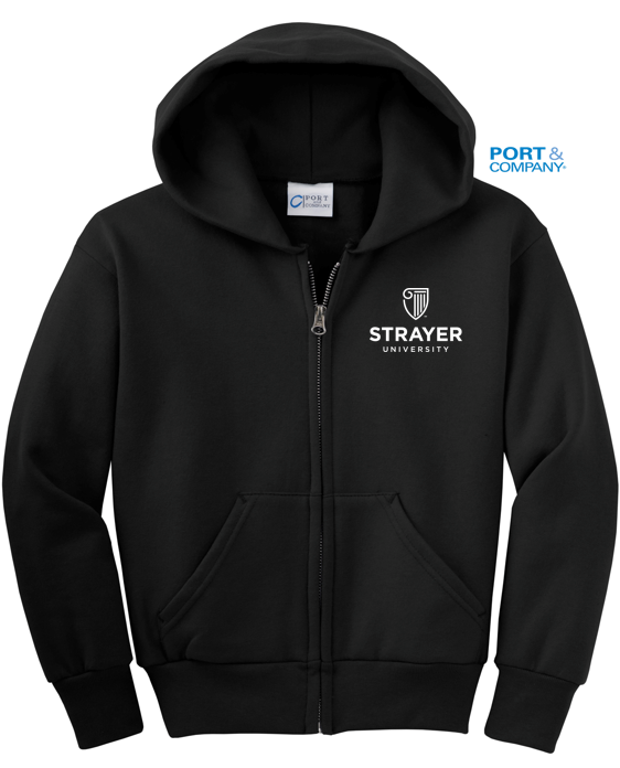 NEW STRAYER Port & Company® Youth Core Fleece Full-Zip Hooded Sweatshirt - BLACK