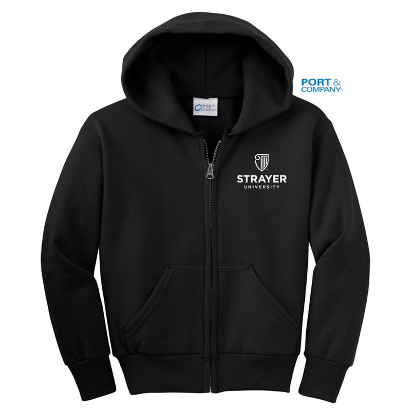 STRAYER Port & Company® Youth Core Fleece Full-Zip Hooded Sweatshirt - BLACK