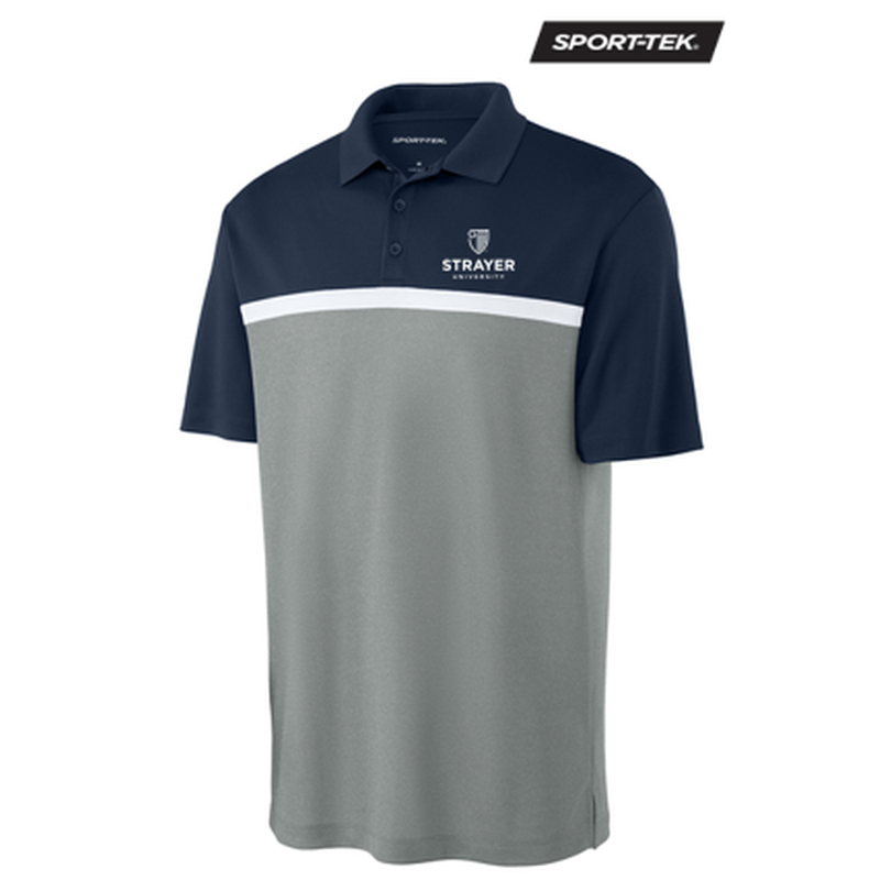 NEW STRAYER Sport-Tek® UV Micropique Colorblock Polo - True Navy/Grey Concrete Heather/White