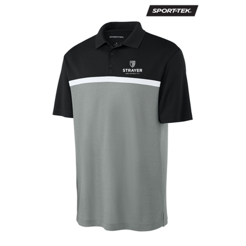 NEW STRAYER Sport-Tek® UV Micropique Colorblock Polo - Black/Concrete Grey Heather/White