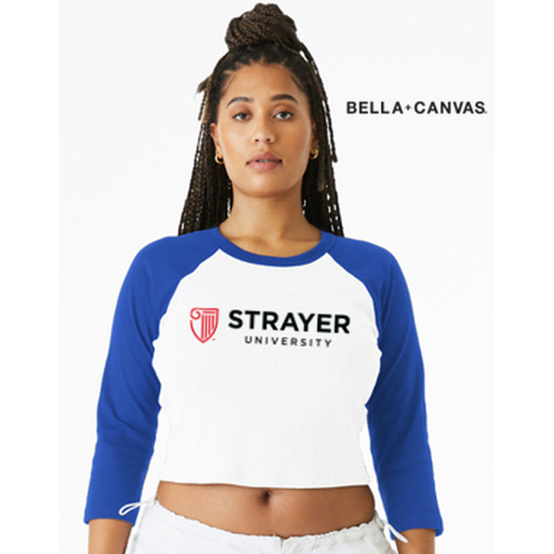 NEW Strayer BELLA+CANVAS® Women’s Micro Rib 3/4 Raglan Baby Tee - White/True Royal