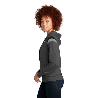 NEW STRAYER New Era ® Ladies Heritage Blend Varsity Hoodie-Black Heather/ Black/ Shadow Grey Heather