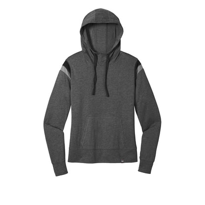 NEW STRAYER New Era ® Ladies Heritage Blend Varsity Hoodie-Black Heather/ Black/ Shadow Grey Heather