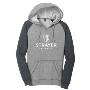 District ® Women’s Lightweight Fleece Raglan Hoodie-Heathered Grey/ Heathered Charcoal