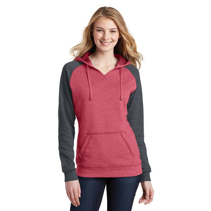 NEW STRAYER District ® Women’s Lightweight Fleece Raglan Hoodie-Heathered Red/ Heathered Charcoal