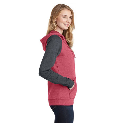 NEW STRAYER District ® Women’s Lightweight Fleece Raglan Hoodie-Heathered Red/ Heathered Charcoal